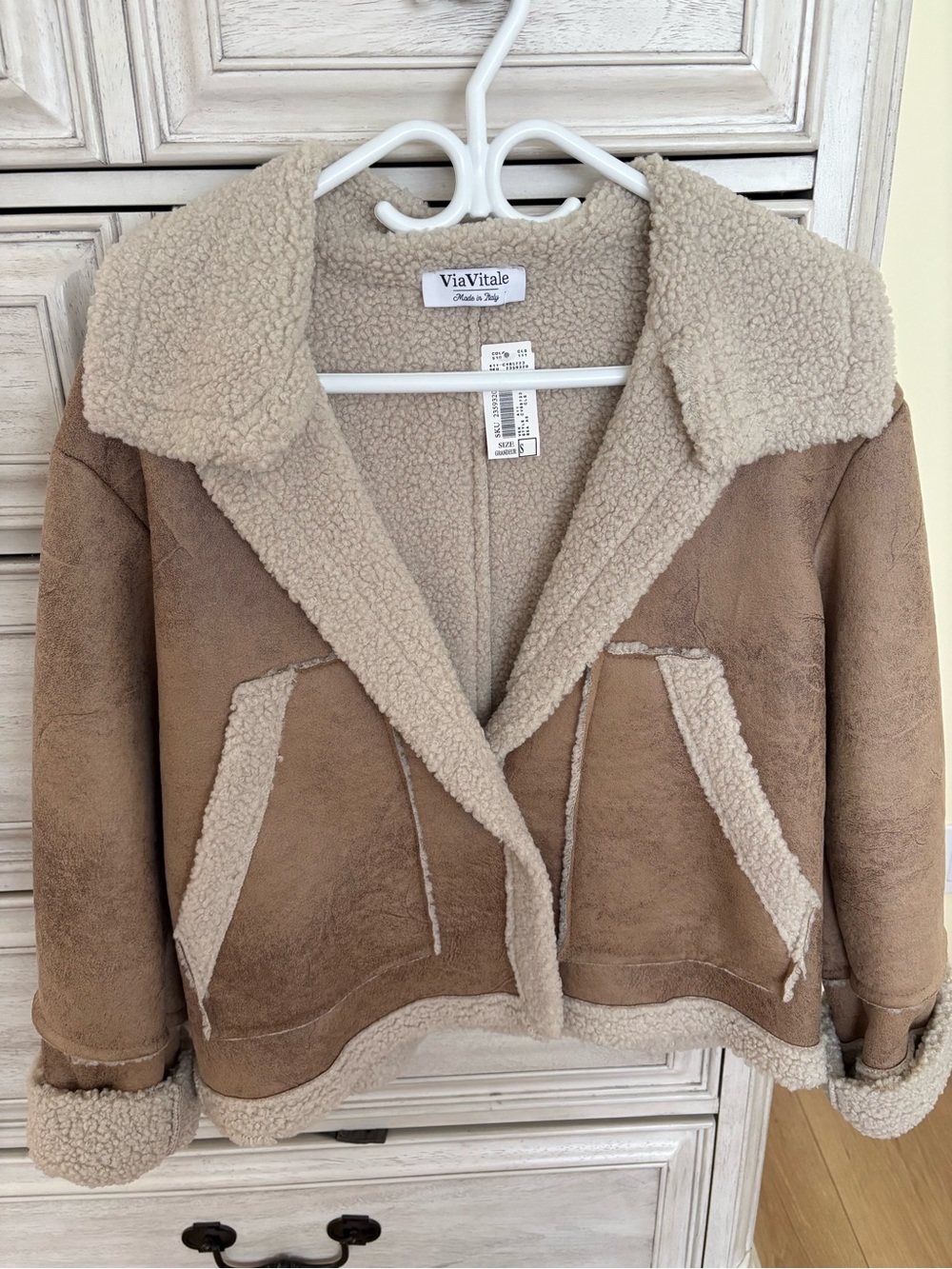 Tan Shearling-Lined Faux Suede Jacket
